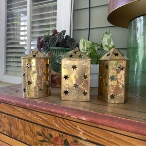 Set of 3 brass star votive or candle holders or small lanterns